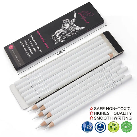 White Charcoal Pencil Set Six Pack For Dark Paper Highlights And Sketching Pro Grade Blendable Pencils For Drawing Shading And Blending Beginners To Artists Dope Quality, displayed with packaging and size