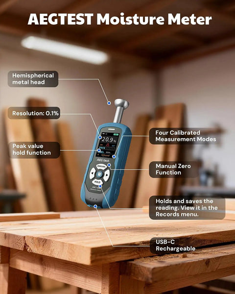 Rechargeable Pinless Moisture Meter For Wood Drywall And Masonry With Adjustable Alarm Data Records Noninvasive Hemispherical Sensor For Fast Pro Grade Home Water Leak Checks, blue handheld meter on wood