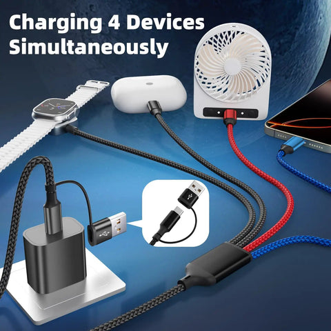 4 In 2 Dual USB C Charging Cable With USB A Inputs All In One Grab And Go Travel Charger for iPhone 17 iWatch Galaxy S26 fast charging