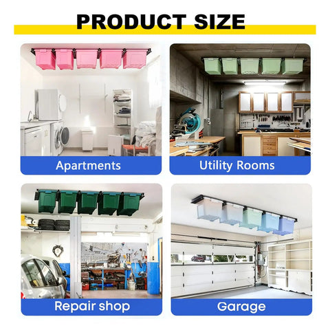 Rugged Overhead Garage Storage Rack Set 6 Pack 17 Inch Adjustable Tote Racks for 27 Gallon Totes in various installations
