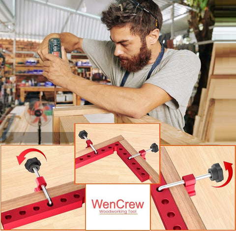 Woodworker using 7.1 Inch 90 Degree Positioning Squares Right Angle Clamps For Woodworking, Aluminum Alloy L Type Cabinet And Picture Frame Jig