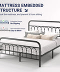 Rock Solid Queen Size Metal Platform Bed Frame With Victorian Scrollwork Headboard showing embedded structure for mattress stability.