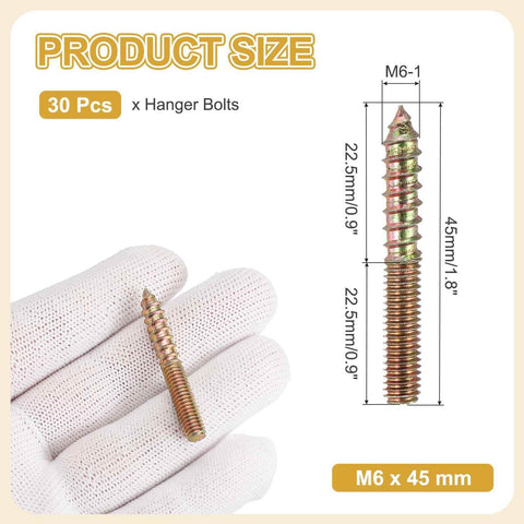 30 Pack M6x45 Hanger Bolts Double Headed Self-Tapping Wood Dowel Screws Carbon Steel Zinc Finish For Wood Joints