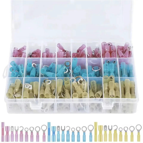 Rock Solid 135 Piece Heat Shrink Wire Connector Kit Featuring Waterproof Ring Fork Hook Spade Butt Terminals assortment in clear storage case.