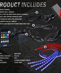 Dope Underglow LED Light Kit For Cars 4 Pieces RGB Neon with remote, control box, wiring, and LED strips on display.
