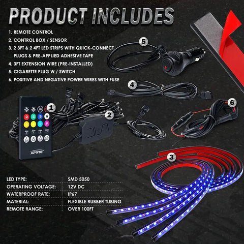 Dope Underglow LED Light Kit For Cars 4 Pieces RGB Neon with remote, control box, wiring, and LED strips on display.