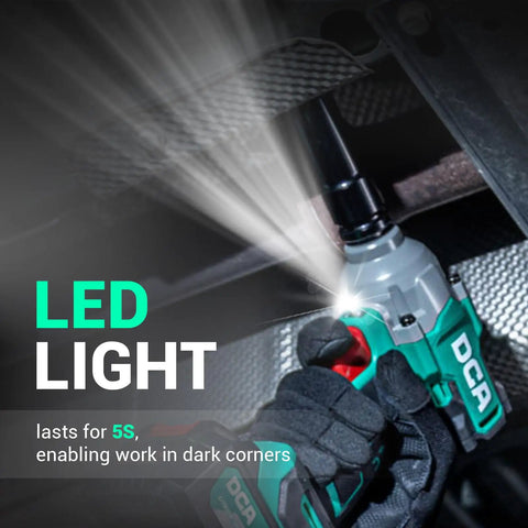 Heavy Duty Cordless Impact Wrench With Brushless Motor, Cranks Out 503 Ft Lbs Raw Torque, featuring an LED light for visibility in dark areas.