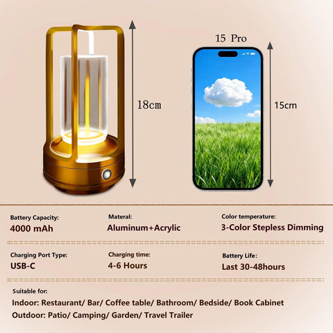 Portable Metal Table Lamp With 4000mAh Rechargeable Battery Cordless Outdoor Light next to phone for size comparison