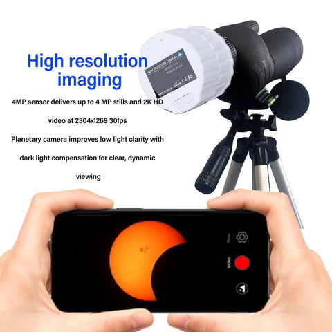 Telescope Camera Eyepiece With 1080P FHD Video And 2K Recording Plus 4MP Photos capturing a solar eclipse on a smartphone screen.