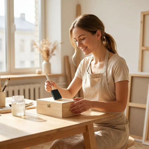 Woman using Super Smooth Poly Foam Paint Brushes With Ergonomic Handles For Effortless Application And Flawless Finish on a wooden box.