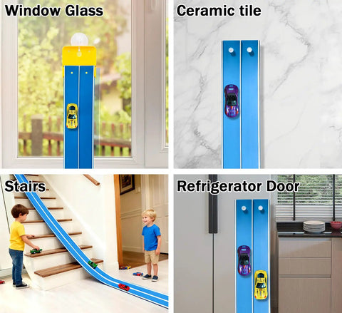 15 Ft Flexible Race Car Track Starter Set for Kids attached to window, tile, stairs, and refrigerator in Daytona Blue finish