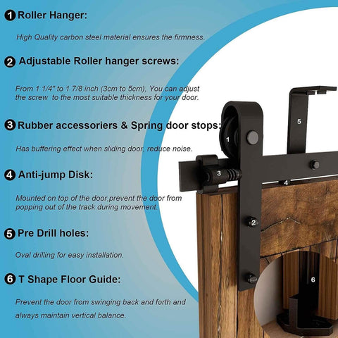 Ceiling Mount Sliding Barn Door Hardware Kit For Low Ceiling With L Shape Brackets, 6 Ft Track, Fits 18 Inch Wide Double Wood Doors, Heavy Duty Carbon Steel Hangers, For Door Thickness 1 1/4 Inch To 1 7/8 Inch, Black, showing roller hanger and guide.