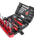 75-Piece Home Tools Kit With Plastic Toolbox Storage Case And Integrated Standing Tool Rack, open view with tools visible