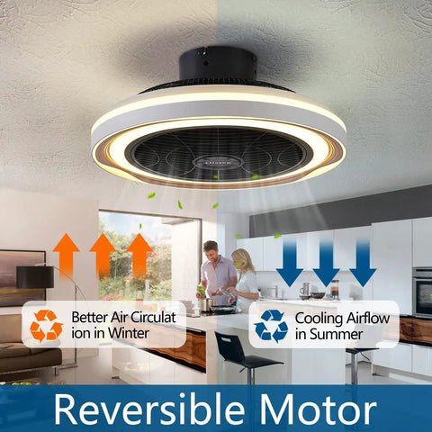 Bladeless Flush Mount Ceiling Fan With Lights And Remote, 19 Inch Low Profile Ceiling Fan for Kitchen with reversible motor
