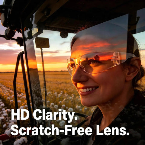 Woman wearing Shop Ready 12 Pack Safety Glasses For The Daily Hustle And Sports, Ansi Z87.1 Rated, outdoors at sunset.