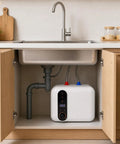 2.6 Gallon Electric Mini Tank Water Heater Equipped With Solid Stainless Steel Core For Compact Under Sink Placement Quick Warm Water Relief In Kitchens Or Rvs Featuring No Sweat Setup And Plug And Play Wiring installed under a kitchen sink.