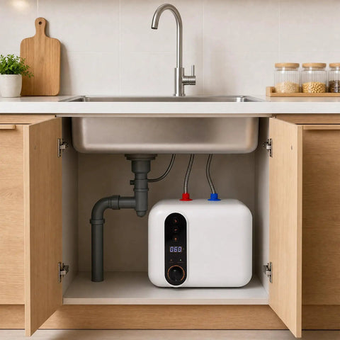 2.6 Gallon Electric Mini Tank Water Heater Equipped With Solid Stainless Steel Core For Compact Under Sink Placement Quick Warm Water Relief In Kitchens Or Rvs Featuring No Sweat Setup And Plug And Play Wiring installed under a kitchen sink.