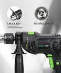 Pro-Grade 5 Amp Half Inch Hammer Drill Kit With 105 Accessories, featuring chuck key and 6D drill chuck
