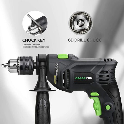 Pro-Grade 5 Amp Half Inch Hammer Drill Kit With 105 Accessories, featuring chuck key and 6D drill chuck