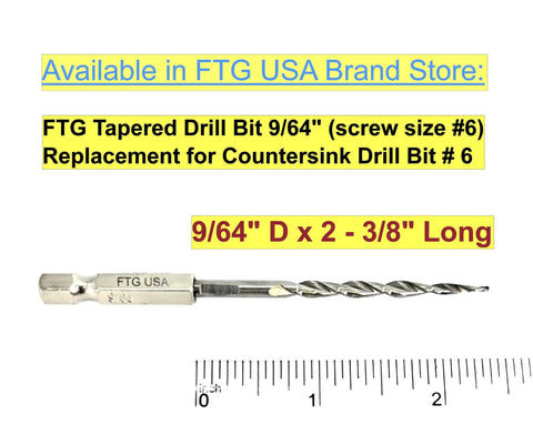FTG USA 9/64 inch tapered drill bit replacement for countersink drill bit size 6, with ruler for scale.
