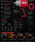 1/2 Inch Composite Air Impact Wrench Pumping Out Eight Hundred Thirty Ft Lbs Of Raw Torque With A Sweet Three Mode Power Dial and Quick One Handed Forward Reverse Toggle For Heavy Duty Shop Jobs, showcasing features and specifications.