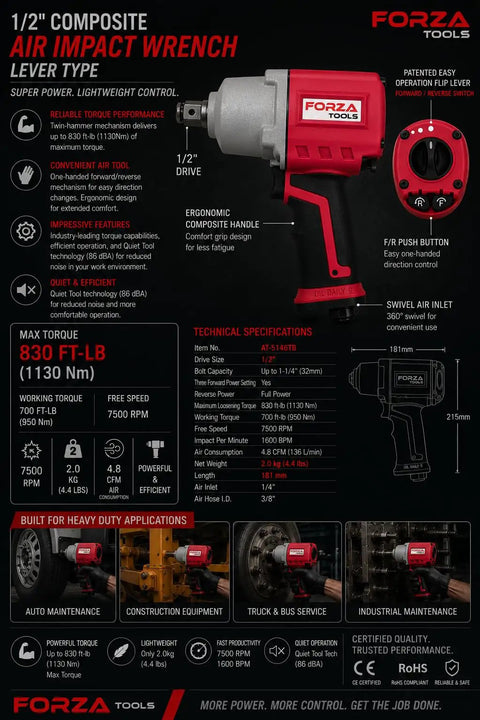 1/2 Inch Composite Air Impact Wrench Pumping Out Eight Hundred Thirty Ft Lbs Of Raw Torque With A Sweet Three Mode Power Dial and Quick One Handed Forward Reverse Toggle For Heavy Duty Shop Jobs, showcasing features and specifications.