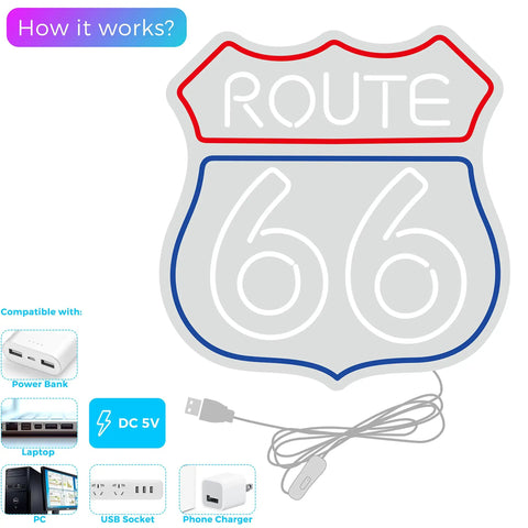 Blue Neon Sign Light For Bedroom Wall Decor Acrylic LED Neon Sign For Game Room Party Bar Club Dope Vibe Space Accent Perfect For Teen Rooms And Social Areas, Route 66 sign with USB power