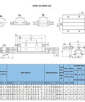 Technical drawing and specifications for 2 Pack HGR20 500mm Linear Guide Rails and 4 HGW20CC Flange Type Carriage Blocks Kit