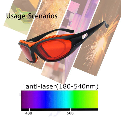 Laser Safety Glasses 180 Nm To 540 Nm OD Six Plus Protective Eyewear For Violet Blue Green Lasers with red lenses and black frame.