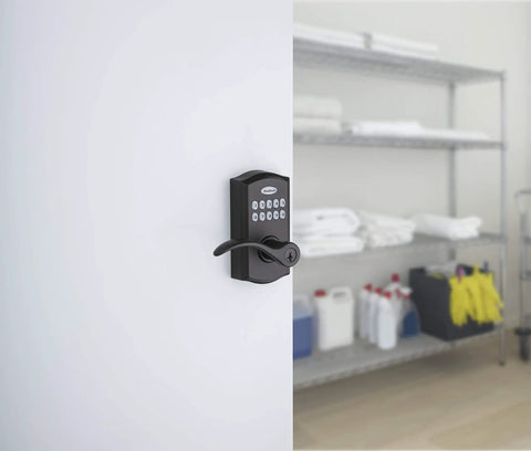 SmartCode 955 Pembroke 10 Button Keypad Electronic Lever on commercial storage door in matte black finish