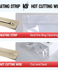 Comparison of heating strip and hot cutting wire functions on Impulse Heat Sealer With Hot Cutting Wire Heavy Duty Bag Sealing And Cutting Machine Ready To Use Right Away With No Warm Up Includes Two Extra Replacements White Finish 12 Inch Seal Length