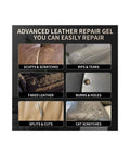 Leather And Vinyl Repair Gel Kit For Cars, Couches, Jackets, And Furniture, Quick Fix With Seamless Finish And Heavy Duty Adhesive for repairing various leather damages shown in images, including scuffs and scratches, rips, faded leather, burns, splits, and cat scratches.