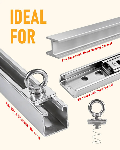 Heavy Duty Stainless Steel Strut Channel Nut And Eye Bolt Set With Long Zinc Plated Springs For Unistrut Systems M8 And M10 Eye Bolts Pack Of 8 Versatile Nut And Bolt Kit For Bed Rails And Utili Track Installations, M8 eye bolt in strut channel