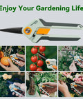 Garden Pruning Scissors For Precise Cuts With Sharp Stainless Steel Blade And Nonstick Teflon Coating Pro Grade Easy Grip Bonsai Clippers trimming plants in garden.