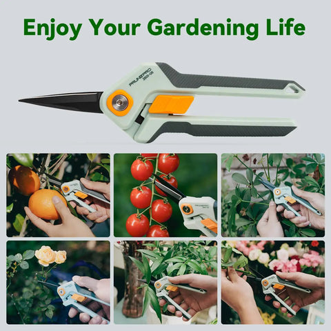 Garden Pruning Scissors For Precise Cuts With Sharp Stainless Steel Blade And Nonstick Teflon Coating Pro Grade Easy Grip Bonsai Clippers trimming plants in garden.