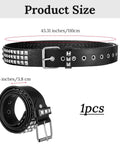 Rock Rivet Belt With Pyramid Studs, Edgy Punk Studded Belt For Women And Men showing 110 cm length, 3.8 cm width, black metal grommets.
