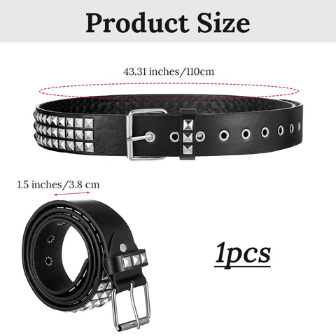 Rock Rivet Belt With Pyramid Studs, Edgy Punk Studded Belt For Women And Men showing 110 cm length, 3.8 cm width, black metal grommets.