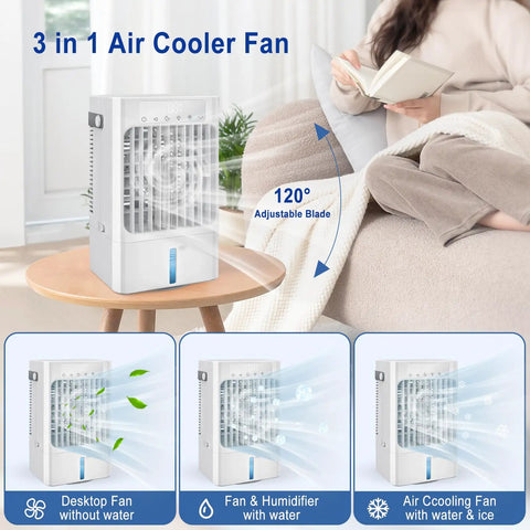 Beat The Heat With This Compact Air Cooler Desk Fan With Three Speeds 120 Degree Oscillation One To Eight Hour Timer Seven Color Led Light And Mist Mode 900ml Water Tank Portable Cooling For Bedroom Office And Desk with 3-in-1 functionality on display