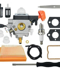 Carburetor Replacement Kit For Trimmers And Brush Cutters That Fits FS91R FS111R FS91 FS89 HT102 HT103 KM111 KM91 Engines, Includes 4180-120-0615 Or 4180-120-0618 Carburetor And Air Filter 4180-141-0300 Tune Up Kit, showing complete parts layout including carburetor, air filter, gaskets, spark plug, and screwdriver.