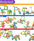 No Fuss Learning 156 Piece Pipe Building Blocks Set showcasing simple, normal, and difficult structures from colorful tubes and connectors.
