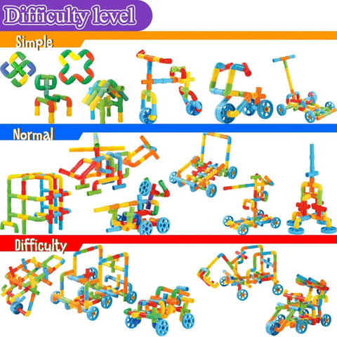 No Fuss Learning 156 Piece Pipe Building Blocks Set showcasing simple, normal, and difficult structures from colorful tubes and connectors.