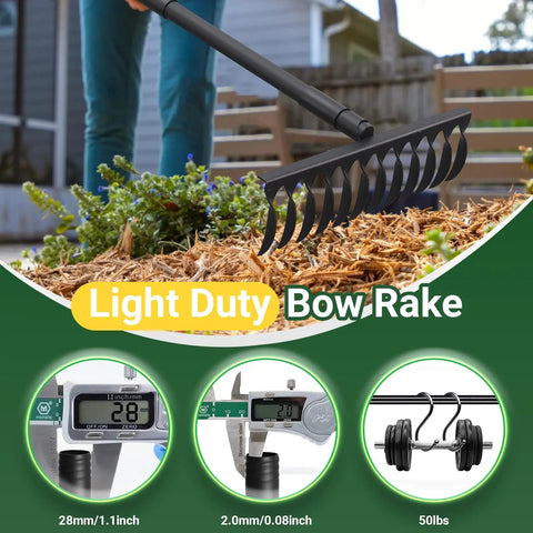 Heavy Duty Bow Rake With 60 Inch Adjustable Handle And 17 Inch Wide Metal Head for yard work and soil loosening.