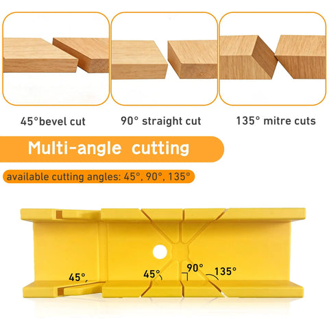 All In One 4 Piece Miter Box And Saw Set With A 2.68 By 12 Inch Box showing 45, 90, 135 degree angle cuts for precise miter and bevel cuts.