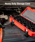Heavy Duty Half Inch Drive Impact Socket Set 26 Piece Metric Kit From 10mm To 36mm Cr Mo Alloy Steel Radius Corner Design For Less Wear Tough Case Included Lifetime Warranty in red case on car engine