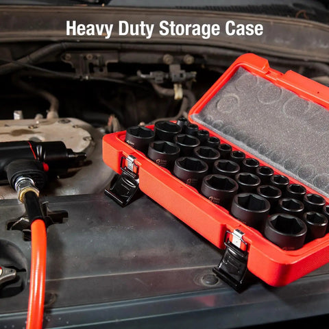 Heavy Duty Half Inch Drive Impact Socket Set 26 Piece Metric Kit From 10mm To 36mm Cr Mo Alloy Steel Radius Corner Design For Less Wear Tough Case Included Lifetime Warranty in red case on car engine