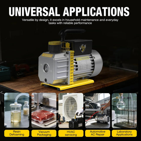 Vacuum pump, 4 CFM, 110V, 1/3 HP, single-stage rotary vane with yellow base and silver body, for AC/HVAC servicing