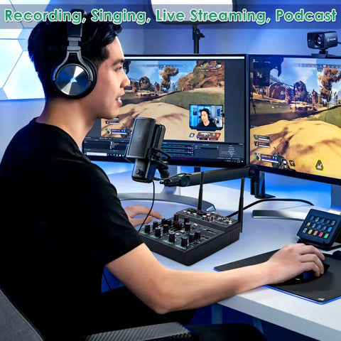 Person using 5 Channel Audio Mixer With Dual Wireless Microphones For Live Streaming And Family Karaoke And Studio Recording