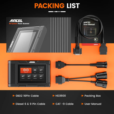 HD3600 Heavy Equipment Diagnostic Tool With DPF Regen Pro Grade Full System Heavy Duty Truck Scanner for construction machinery and diesel engines, cables, and manual.