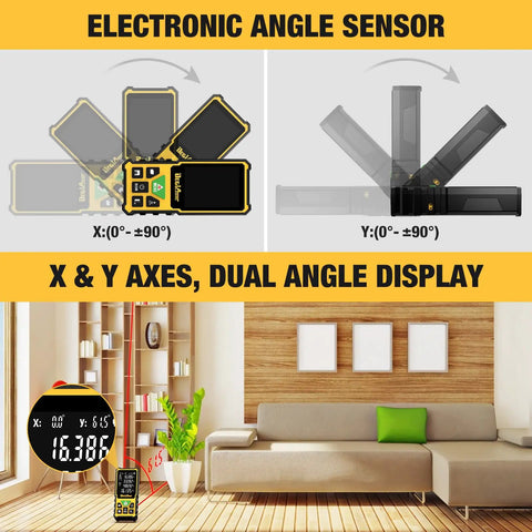 Green Laser Distance Meter With Angle Sensor, 328 Feet Range, Measures Distance Area And Volume, Pythagorean Mode, Plus Or Minus One Sixteenth Inch Accuracy, Multiple Units Including Feet And Inches And Meters, 2.4 Inch Backlit LCD showing X and Y angle display