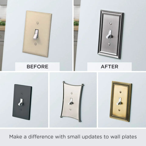 Comparison of before and after wall plates update, featuring different styles including a modern Architectural Matte Black 1 Gang Outlet Cover.